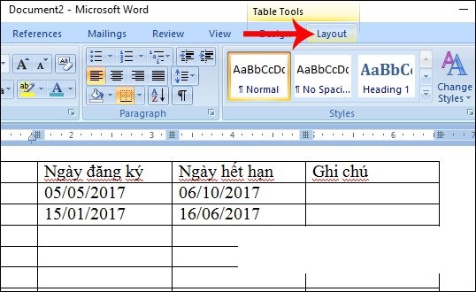 Cách dùng Table Tools để lặp lại tiêu đề trong word 2010