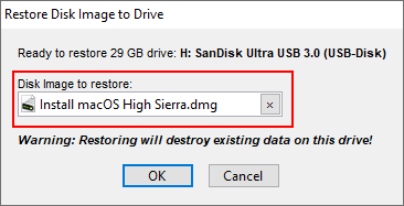 bấm vào ô Disk Image to restore và chọn đến file cài đặt DMG đã tải về ở Bước I