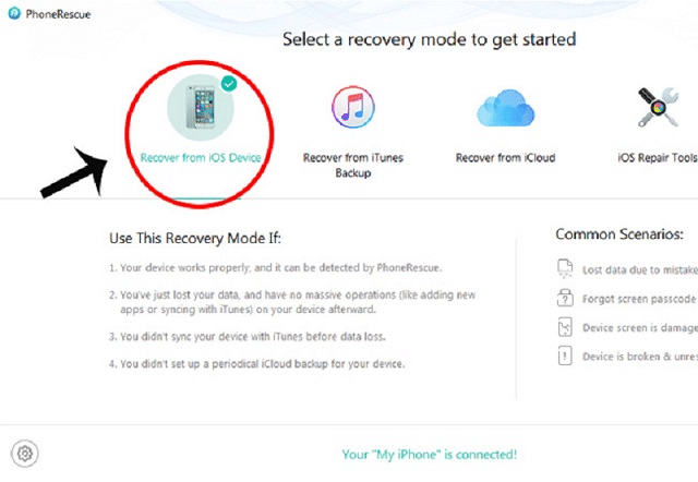 Mở giao diện PhoneResTHER -> chọn Recover from iOS Device-> Nhấp vào Right Arrow - Khôi phục nhật ký cuộc gọi trên iphone